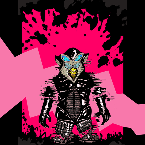 Pen and ink drawing I colored and edited digitally of Mefilas teleporting out on a hot pink background