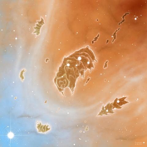 Five brown bok globules shaped vaguely like tardigrades float against an orange and blue nebula background. The two larger globules have large, white stars directly in front of them.