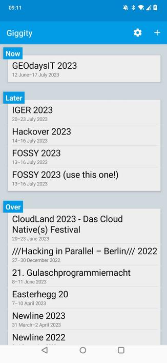Screesnhot der Android App „Giggity“ mit einer Liste der Veranstaltungen. Neben weiteren Veranstaltungen, ist vom 20.-23. dort auch die IGER 2023 gelistet.