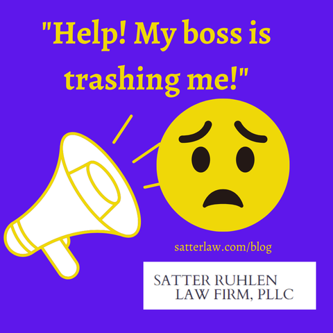 A sad face with a bullhorn pointed at it. Text: Help! My boss is trashing me!