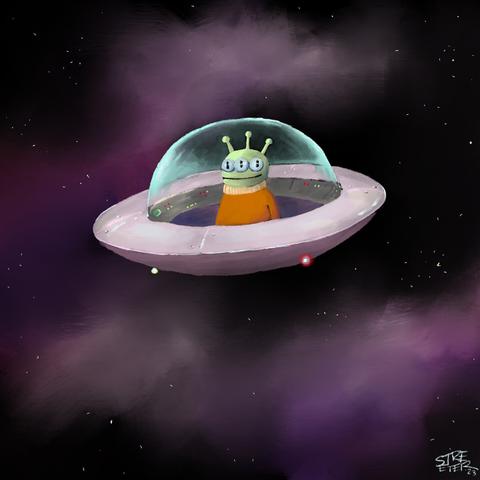 A color illustration of an alien in a small flying saucer smiling while traveling through space