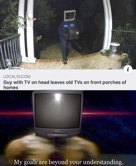 Top:
News story of a series of bizarre pranks on local10.com. "Guy with TV on head leaves old TVs on front porches of homes". Security camera snapshot of said TV head guy delivering a CRT TV to a porch

Bottom:
Reverse Flash meme edited with a TV on the character's head: "My goals are beyond your understanding"
