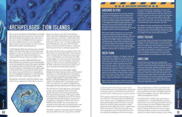 Two page spread “Archipelagos: Zion Islands” from the finalised layout for Blue Planet: Recontact shared to kickstarter backers. Lots of white space, lush blues in the trade dress around the page edge. Text in two columns per page, left hand page has a hex map in lower left, right hand page has ‘access denied’ box test for top two-thirds of the page.