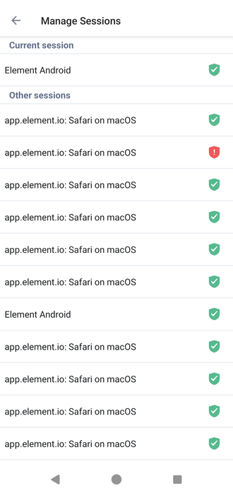 Screenshot of a huge number of expired sessions logging into Matrix from Safari.