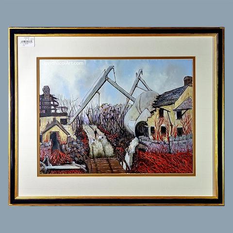 Framed original oil painting titled "The Walker at Lymebridge" fearures a post-War of the Worlds scene, based on a print by Michael Lees