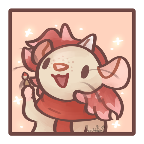 drawing of a cream rat with freckles, red/pink hair, a paper cone taped to her forehead, and a red scarf happily holding a paintbrush