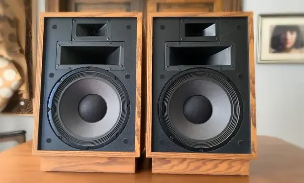 A photo of two Klipsch Heresy II speaker units sitting side by side.