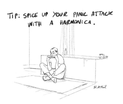 Cartoon! Drawing of a man with big, round, scared eyes sitting on the bathroom floor with legs & arms pulled in very close to his body, playing a harmonica. Caption reads TIP: SPICE UP YOUR PANIC ATTACK WITH A HARMONICA.