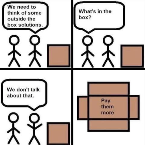 First three panels are of two stick figures talking:
"We need to think of some outside the box solutions."
"What's in the box?" 
"We don't talk about that." 
Fourth panel shows Inside the box. It says "Pay them more"