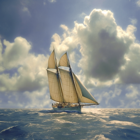 A yacht sails on a windy day.