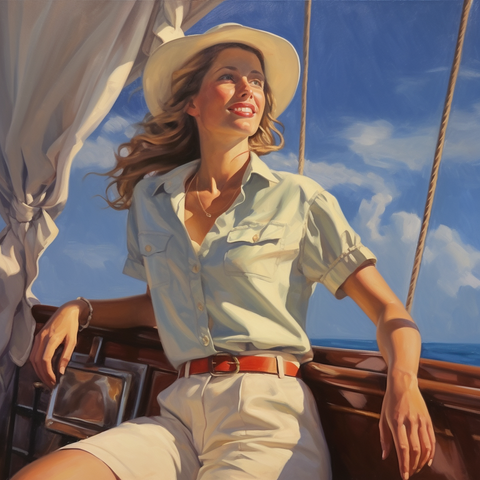 A young blonde woman wearing a hat enjoys the ocean scenery sailing onboard a luxury yacht.