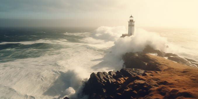 A lighthouse in the distance on a rocky shore on a bright, sunny morning as waves crash around it.