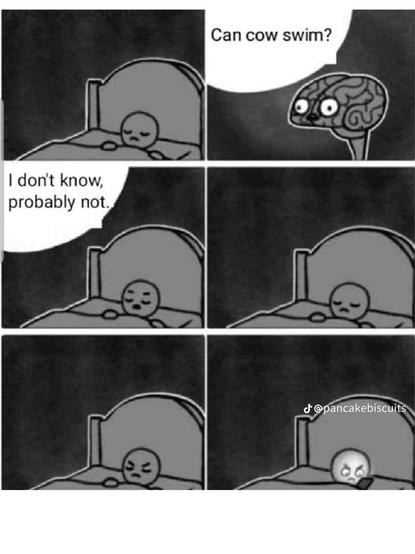 Comic strip of a person laying in bed. Their brain asking an intrusive question: “can cow swim?” The person responds “I don’t know, probably not.” they pretend to fall asleep and attempt not to care. The final panel is them frantically searching on their phone.