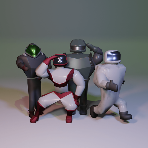 A squad of people with futuristic space suits. Each one has it's on characteristic.
