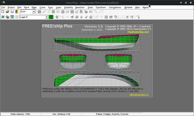 FREE!ship is a free open-source 2D and 3D CAD software for shipbuilding (boat design and analyzing) created by Martijn van Engeland, Naval Architect from Netherlands, in 2005, but after 2006 it was converted into commercial proprietary software DELFTship.
In 2007 Associate Prof. Victor Timoshenko of the Department of Construction and Mechanics of the National Univerisity of Shipbuilding (Mykolaiv, Ukraine) created a fork — FREE!ship Plus, and till December 4, 2015 extended it with a lot of new features and a set of freeware plugins named as HydroNShip.
Since February 2015 Mark A. Malakanov, Software Architect at ESRI Canada, forked and ported FREE!ship Plus to Linux using Lazarus & FreePascal.