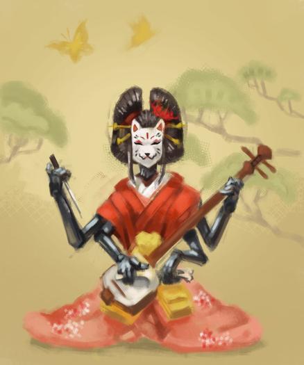 Digital painting of a robotic, four armed, oiran. She is wearing a kitsune mask, playing the shamisen, and holding a tanto.
