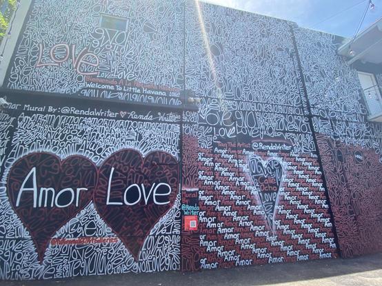 Graffiti/mural wall with "love" and "amor" written in white or red in different sizes hundreds of times