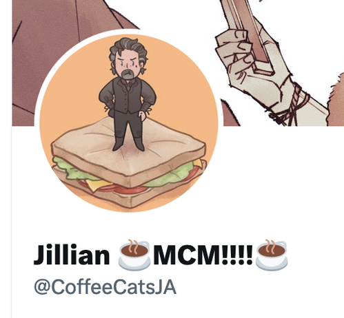 Cropped shot of my twitter pfp (chibi mini Izzy standing with his hands on his hips, on top of a jumbo sandwich with an orange background) and display name saying "Jillian MCM!!!!?"