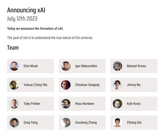 Screenshot of xAI homepage with all male team.