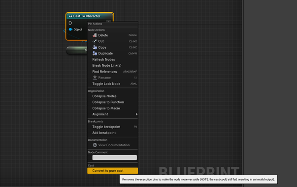 Drop down menu on a cast node highlighting the "Convert to pure cast" option