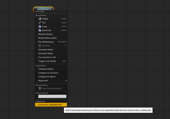 Drop down menu for a get node highlighting the "Convert to Validated Get" option.