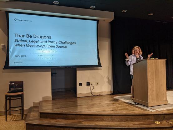 Amanda Casari standing behind a lectern presenting slides