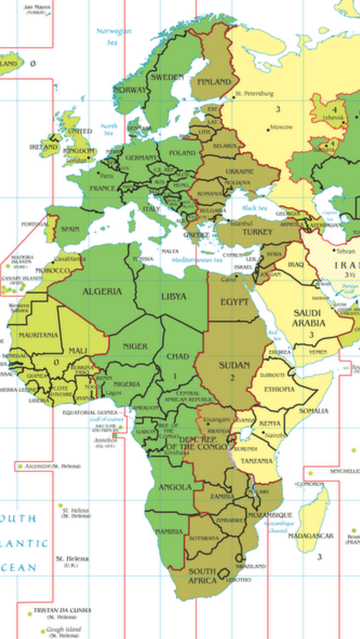 A map of the time zones that are between Ireland and Russia and all the way south showing the same zones in Africa.