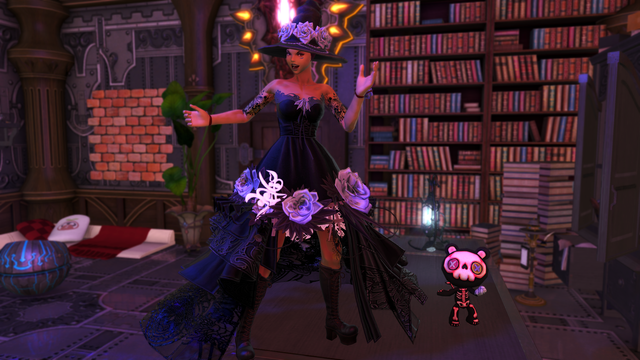 Lillian dancing on her laboratory piano in her brand new blackbosom dress, which has been slightly modified. Venny dances beside her, to her left, also on the piano, mimicking her moves.