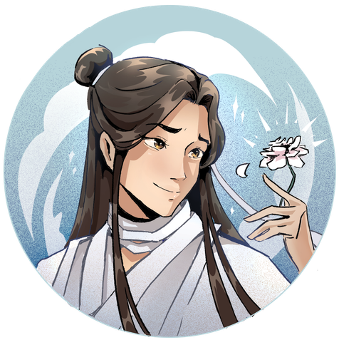 A circular icon of Xie Lian, a Chinese man with long brown hair and white robes. He's looking at a white flower he's holding in one hand.