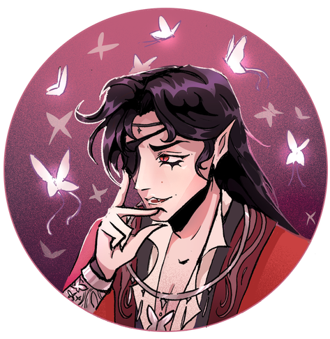 A circular icon of Hua Cheng, a Chinese man with long black hair, an eyepatch, and red robes with silver jewelry. Silver butterflies are fluttering around him.