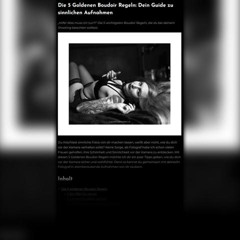 Screenshot of Silver, Light, And Skin blog post, titled "Die 5 Goldenen Boudoir Regeln: Dein Guide zu sinnlichen Aufnahmen"