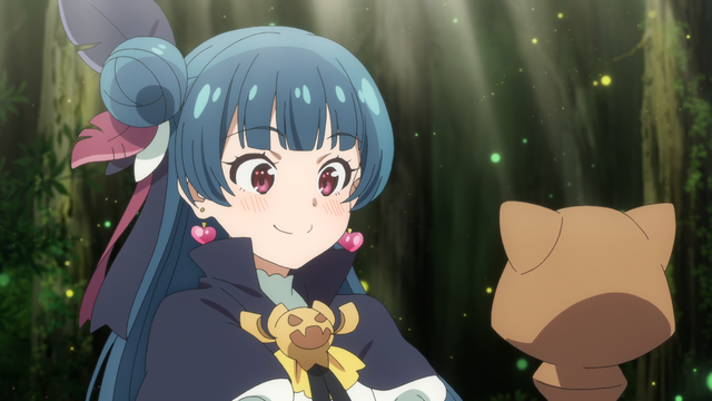 Yohane from episode 1 of Genjitsu no Yohane, smiling while looking at her new wolf head staff.