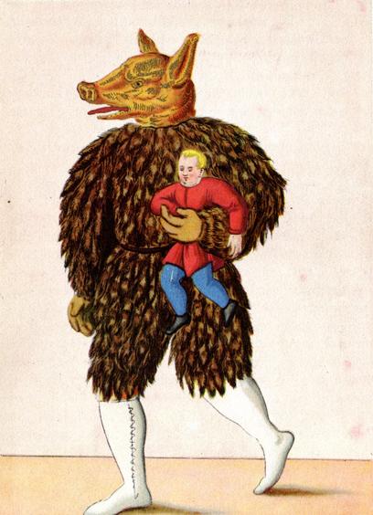 A man dressed up in a costume with a pig head, white boots, and a body composed of what look like brown leaves. He's holding a child or a doll wearing a red tunic and blue stockings.