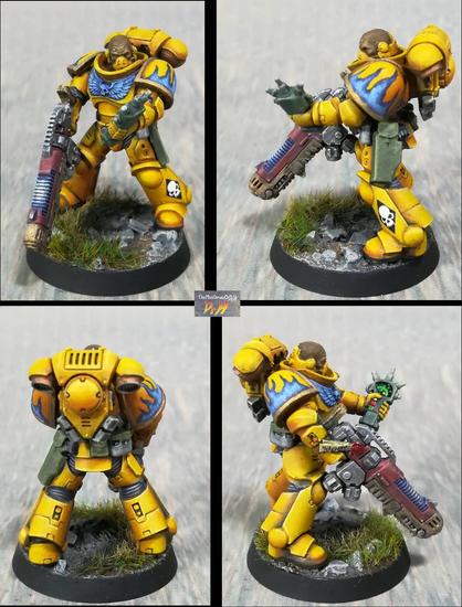 Hellblaster Space Marine squad leader. Bright yellow armour with blue flame details.