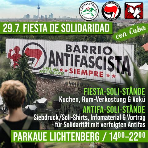 Riesige Propaganda Holzlatten-Werbetafel vor einer großen Fiesta-Menge mit der Aufschrift "Barrio Antifascista --siempre--" und dem Antifa-Logo. Vor einem Wald, vor der Silhouette von Berlin, mit einzelnen Palmen.
Eine Person (no gender context visible) auf dem Weg zu der Fiesta sieht das ganze von der Ferne auf einer Anhöhe.