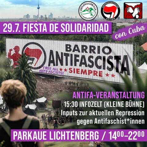 Riesige Propaganda Holzlatten-Werbetafel vor einer großen Fiesta-Menge mit der Aufschrift "Barrio Antifascista --siempre--" und dem Antifa-Logo. Vor einem Wald, vor der Silhouette von Berlin, mit einzelnen Palmen.
Eine Person (no gender context visible) auf dem Weg zu der Fiesta sieht das ganze von der Ferne auf einer Anhöhe.