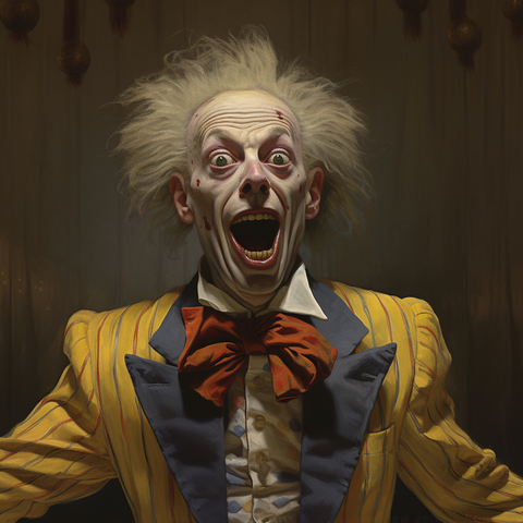 A characterful and colourful joker from a different universe gesticulating.