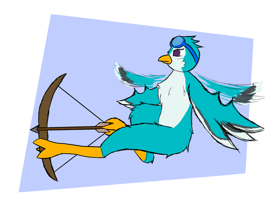 a blue avian (parrot-osprey hybrid) shooting a bow with her talons while hovering with her wings