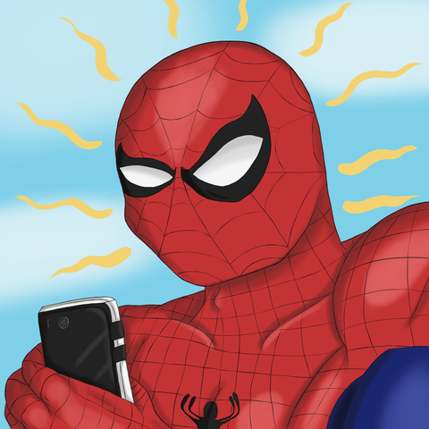 Spider-Man looking at his phone with an eyebrow raised and his Spider Sense tingling.