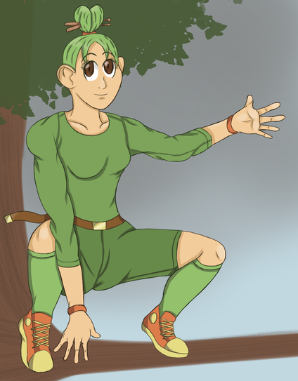 A personification of Grookey. A girl with brown eyes and green hair, tied in two buns with a pair of drumsticks through it. She is crouched on top of a tree branch, wearing a green, long-sleeved shirt and green shorts, with a brown belt, slightly loosened and hanging off of her like a monkey's tail. She is also wearing green knee-length socks and red sneakers.