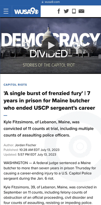 Screenshot of WUSA9 news article about convicted January 6th rioter Kyle Fitzsimons.