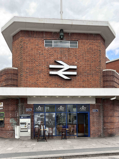 Colour photograph of the entrance to Kingston railway station