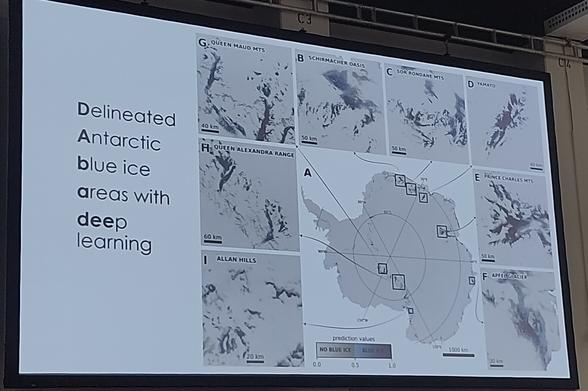 Slide showing blue ice areas on Antarctica as delineated with deep learning.