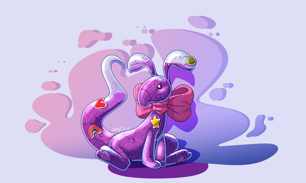 A drawing of a neopet! A soda bottle themed Blumaroo. They are completely made of glass and filled with fizzing grape soda. they are sitting on the ground and covered in a variety of cute stickers. they wear a giant pink bow around their neck.