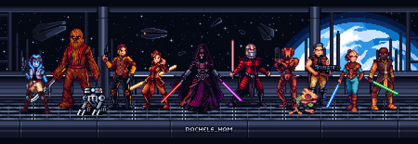 Pixel art of the main characters from Star Wars: Knights of the Old Republic. From left to right: Mission, Zaalbar, T3-M4, Carth, Bastilla, Revan, Malak, HK-47, Canderous, Juhani and Jolee. There is also a Gizka creature standing amongst them. All characters are posed with their weapons drawn. They are in the Star Forge, with their backs to a large window where other ships and the planet Lehon can be seen.
