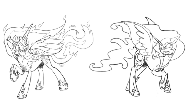 Finished Sketch. After the dummy dolls using simple shapes for the initial poses and measures, I start to draw and correct the poses until I get a clear picture of what I want to do.