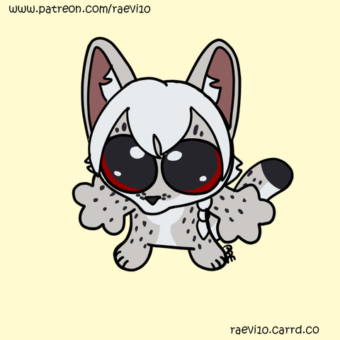 A 'Skrunkle' meme draw over (the small little white creature with huge eyes) of an anthro white serval with crimson red eyes