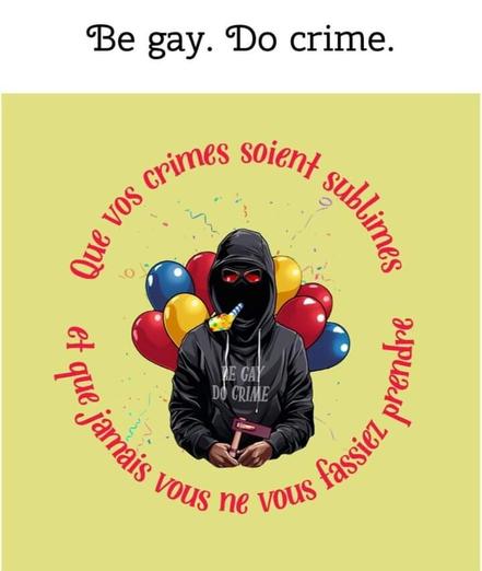 Projet de t-shirt Caption= que vos crimes soient sublimes et que jamais vous ne vous fassiez prendre. Dessin une personne en Sweat à capuche noir est entourée de ballons à hélium multicolores, une l'ange de belle-mère à la bouche et une crécelle dans la main gauche