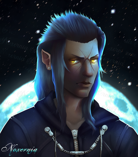 A portrait of Saix from Kingdom Hearts, his golden eyes glow in the dark and an ominous blue moon sits behind him.