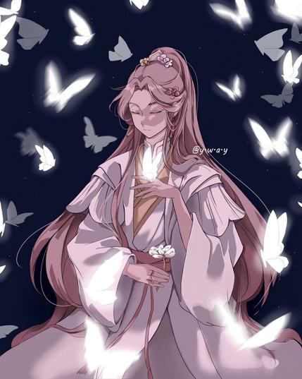 Art of Xie Lian, a Chinese man with long hair, sitting peacefully with his eyes closed. He's wearing white and gold robes with sleeves reminiscent of flowers. He's holding a flower and has several others perched in his hair. Around him, silver butterflies flutter, and one has landed on his outstretched finger. It's a peaceful, beautiful scene.